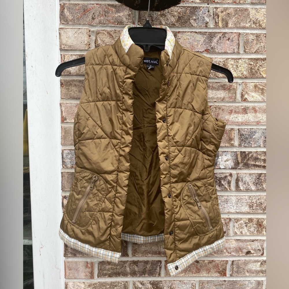 Y2K Wet Seal Brown/Olive Green Mixed Print Trim Puffer Sleeveless Vest XS - Picture 7 of 14